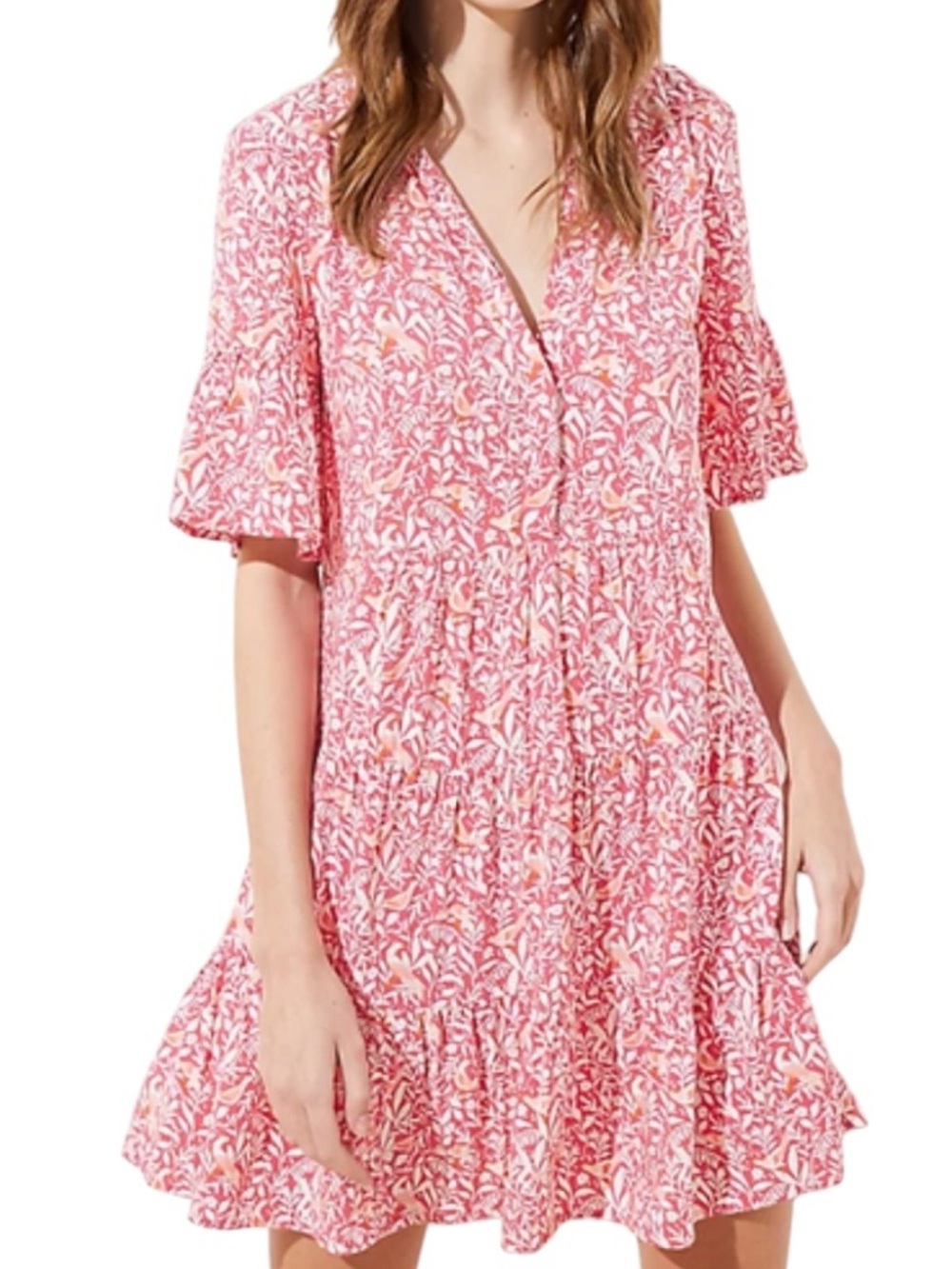 LOFT Coral Pink Floral Bird V-Neck Tiered Mini Swing Dress